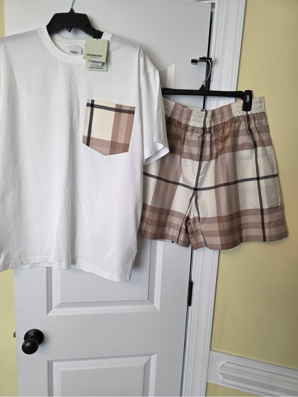 Burberry White Tee with Beige Plaid Pocket & Matching Plaid Shorts Set